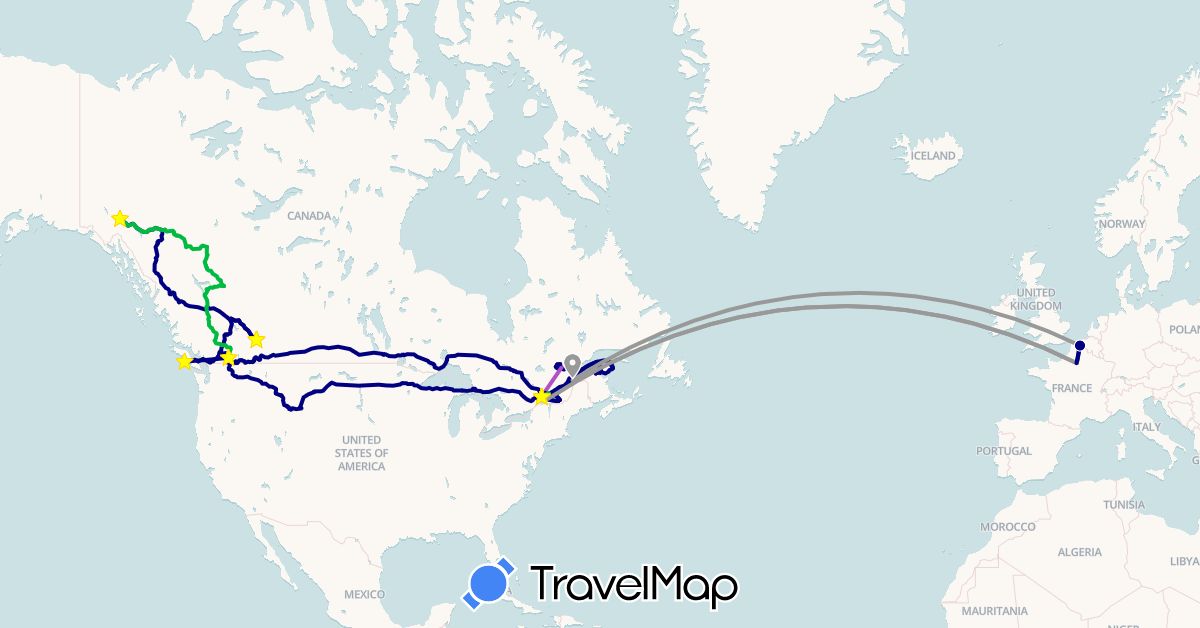 TravelMap itinerary: driving, bus, plane, train, hiking in Canada, France, United States (Europe, North America)
